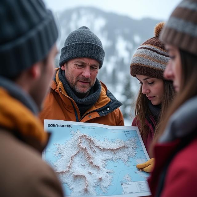 A snowboarding guide pointing out terrain features on a map to students